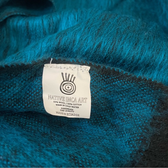 Blue Black Inca Wool Woven Poncho - turtleneck with fringe - Picture 4 of 9